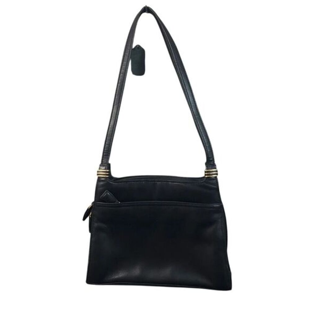 Black Leather Shoulder Bag Gold Accent Detail Classic Handbag‎ Purse